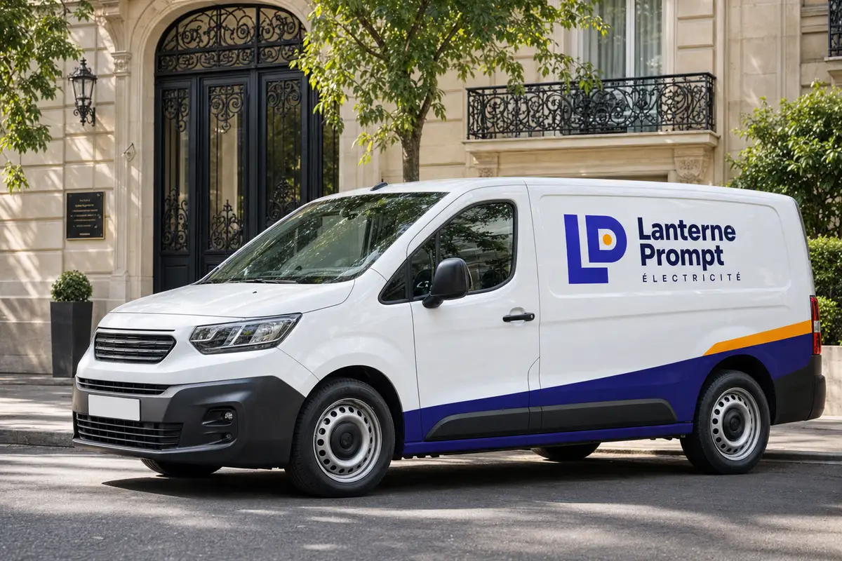 Utilitaire Lanterne Prompt Électricité garé devant un immeuble haussmannien en Île-de-France